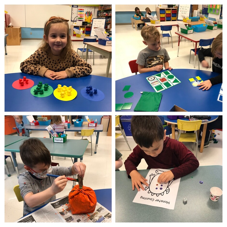 four photos of kindergarten students doing activities at tables